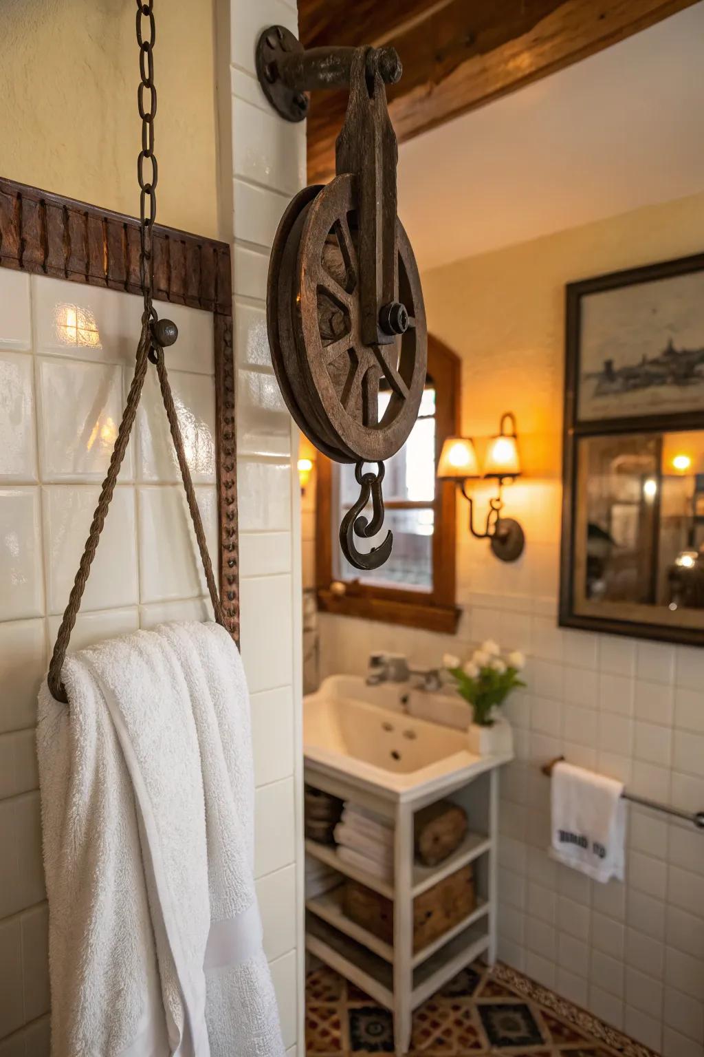 A vintage pulley adds a unique flair to bathroom storage.