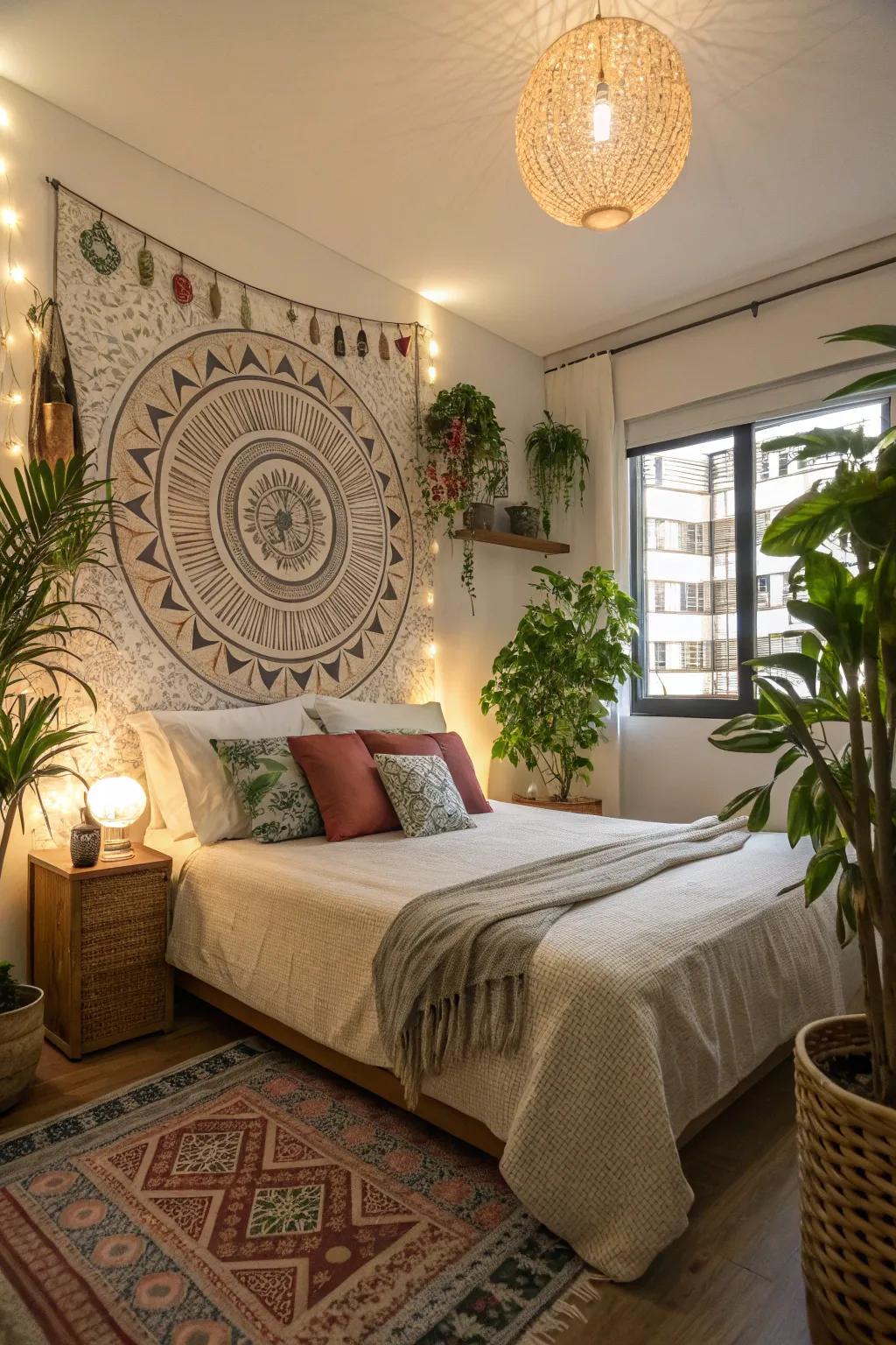 An apartment bedroom adorned with decorative wall art and lush indoor plants.