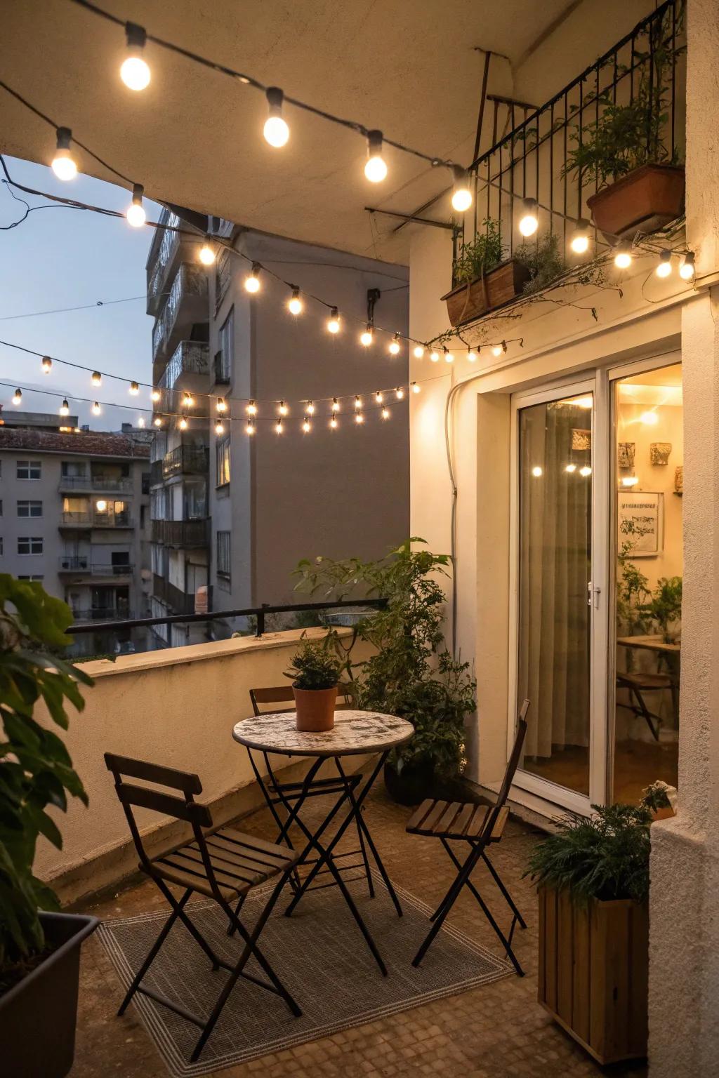 String lights generate an enchanting evening atmosphere.