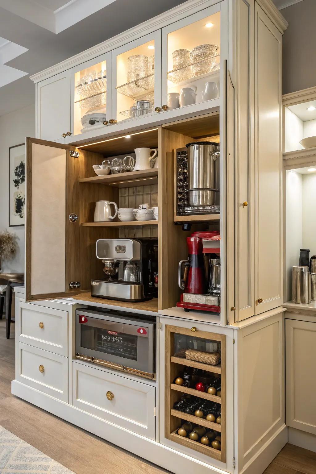 Tiered storage suits a variety of appliances, maximizing space and arrangement.
