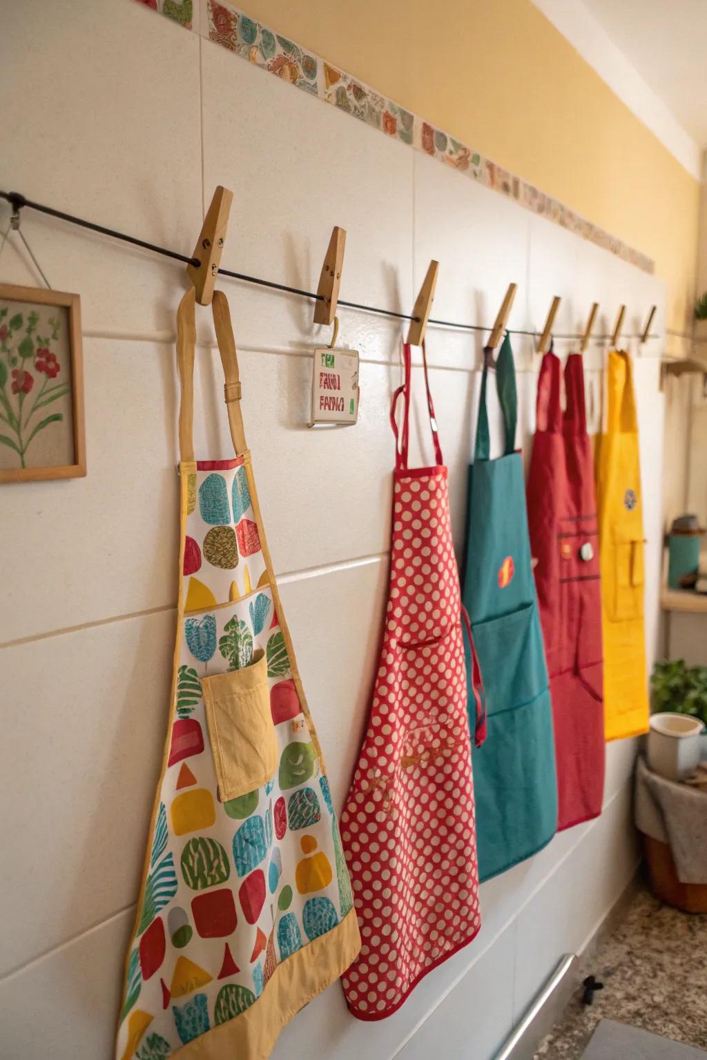 A vibrant washing line of aprons brings charm and nostalgia.