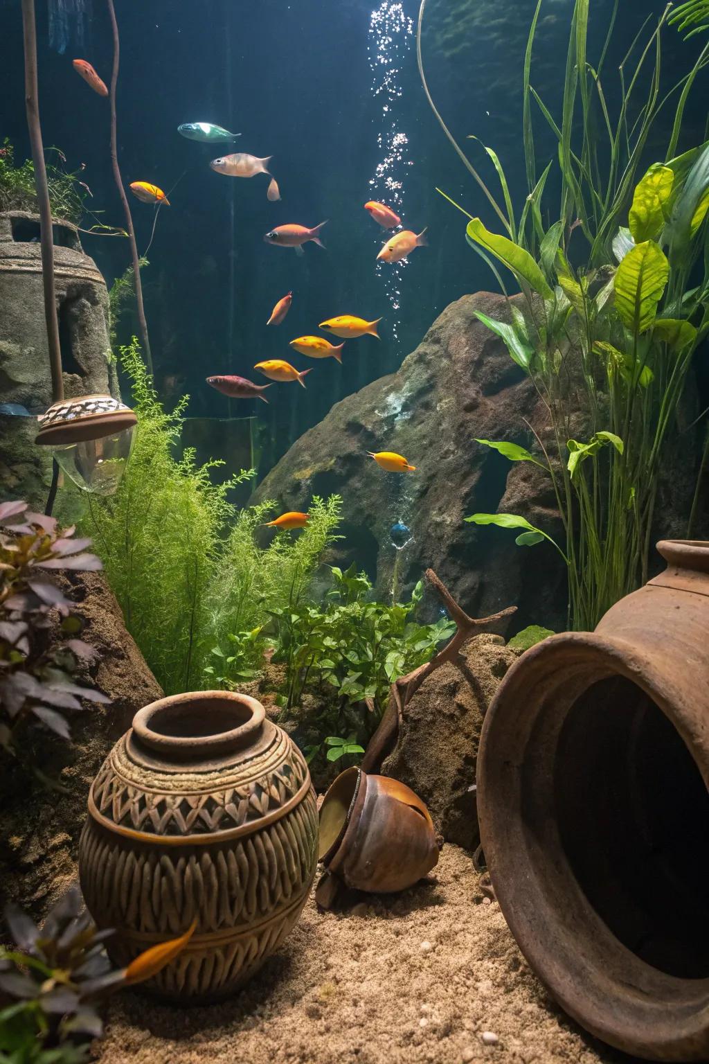 Clay accents inject texture and curiosity into the aquarium.