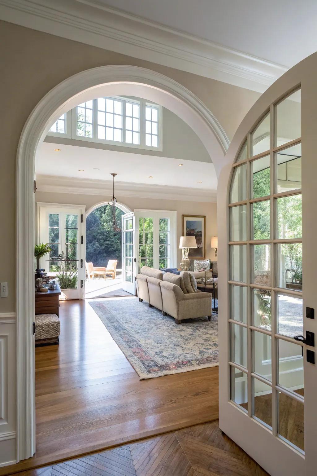 An archway door augmenting the open concept arrangement in a harmonious living space.
