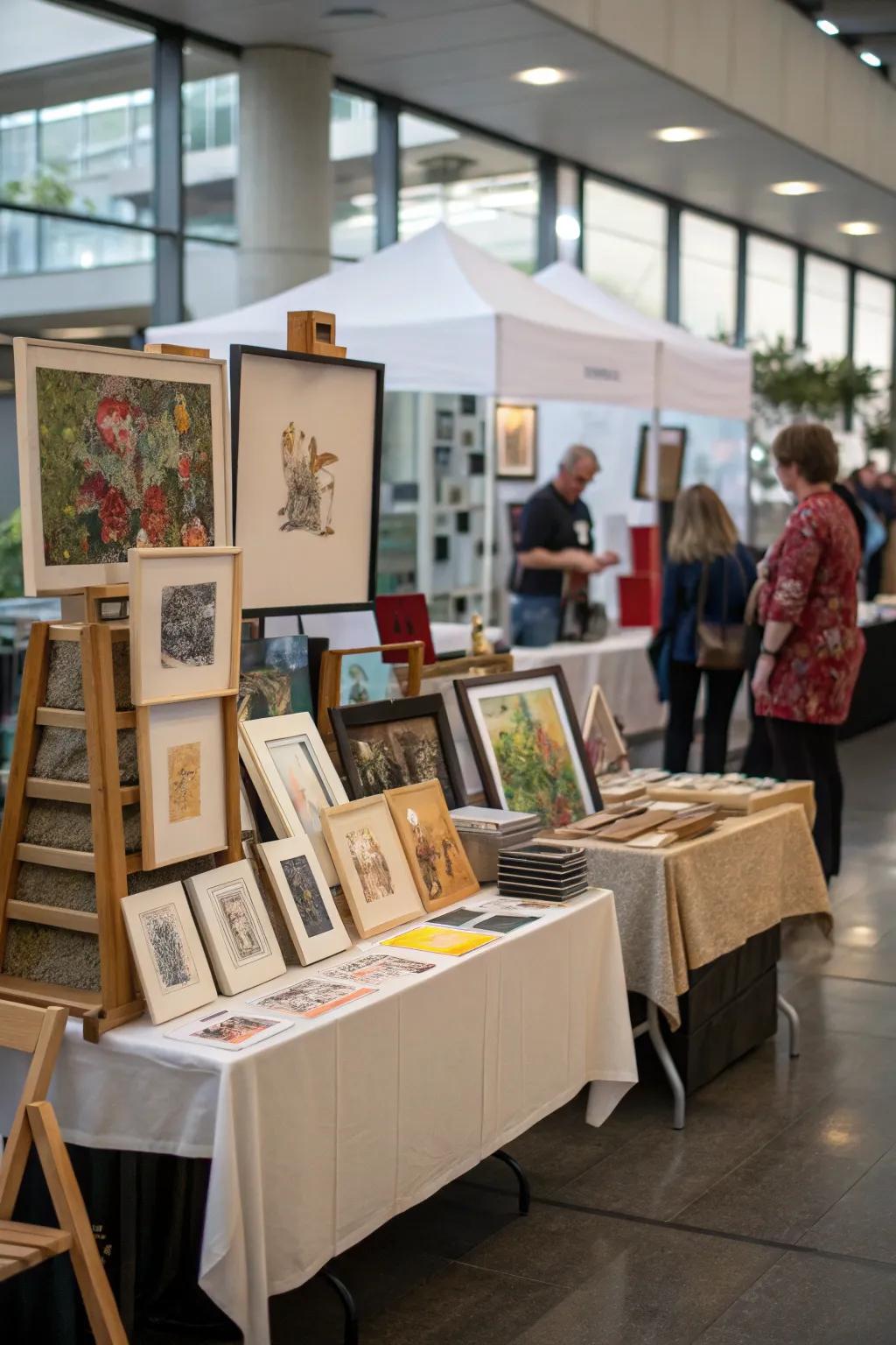 Tables with stands add dimension to the display, showcasing smaller artworks effectively.