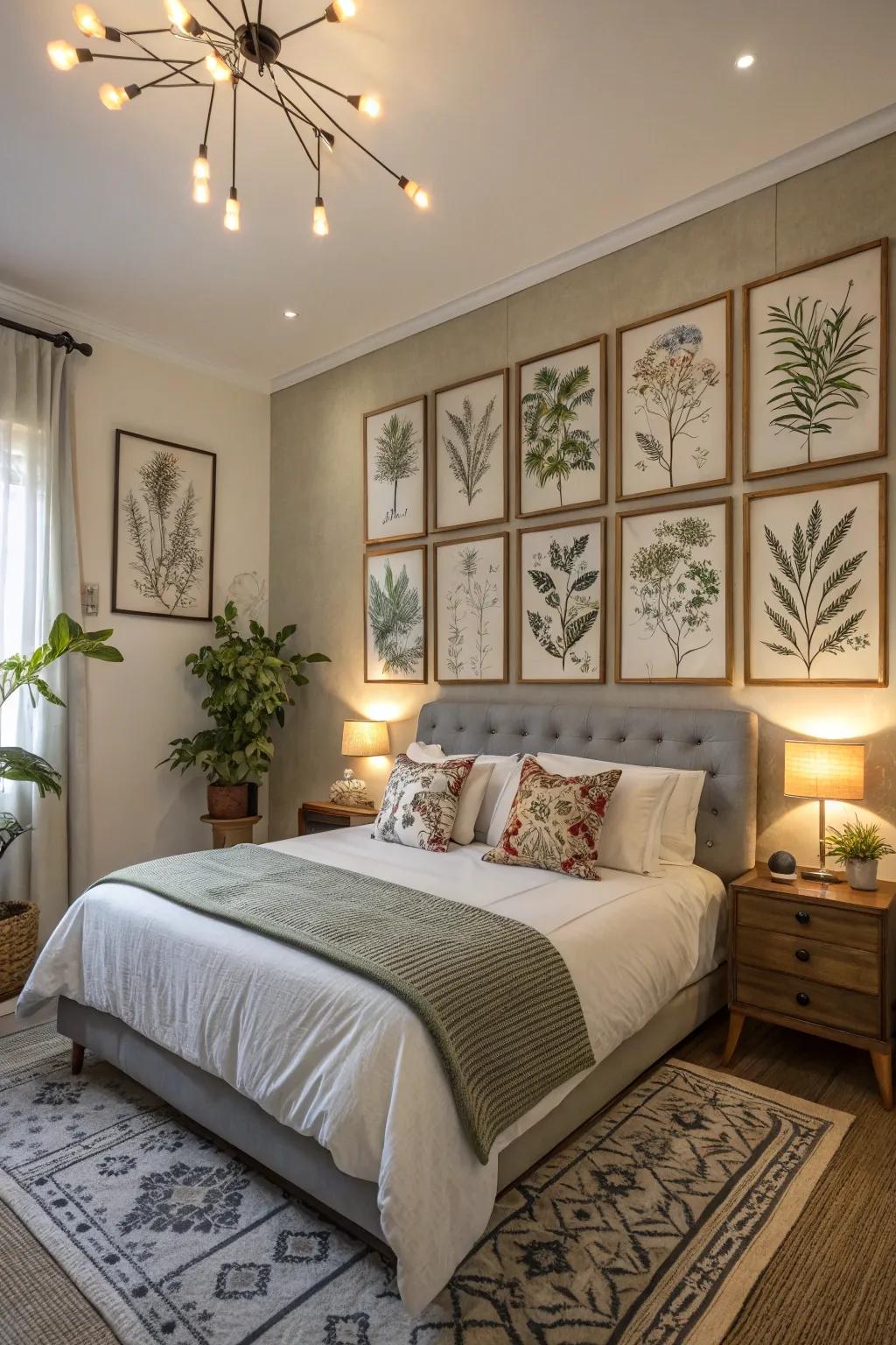 Nature-inspired art showcasing botanical prints imparts a fresh and calming atmosphere to this bedroom.