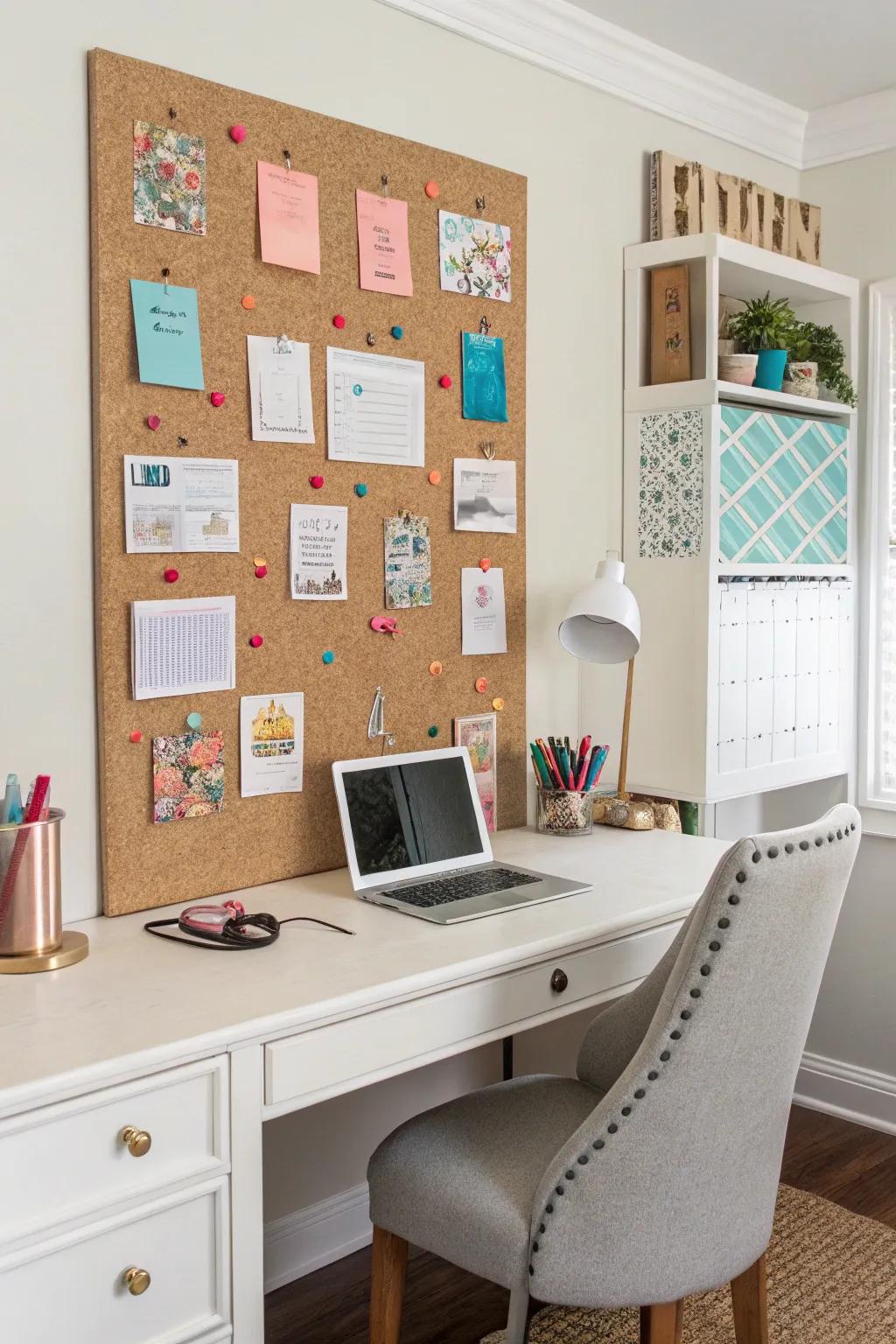 An elegant textile cork bulletin board that maintains organization and boosts creativity.