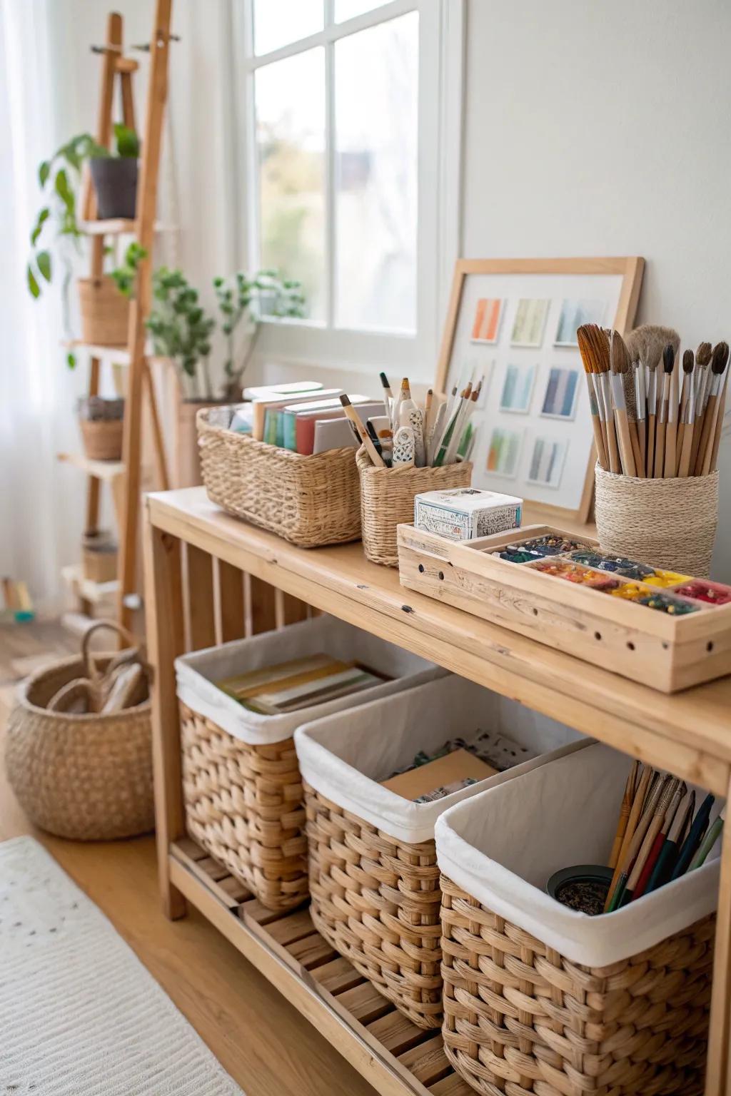 Baskets and bins provide neat storage for larger art supplies.