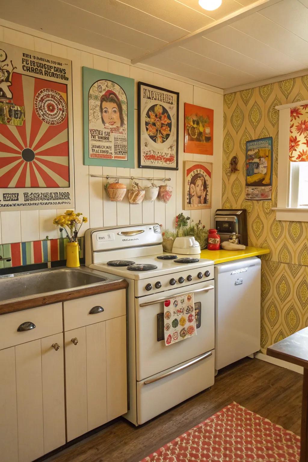 Retro posters establish a nostalgic feel in the culinary area.