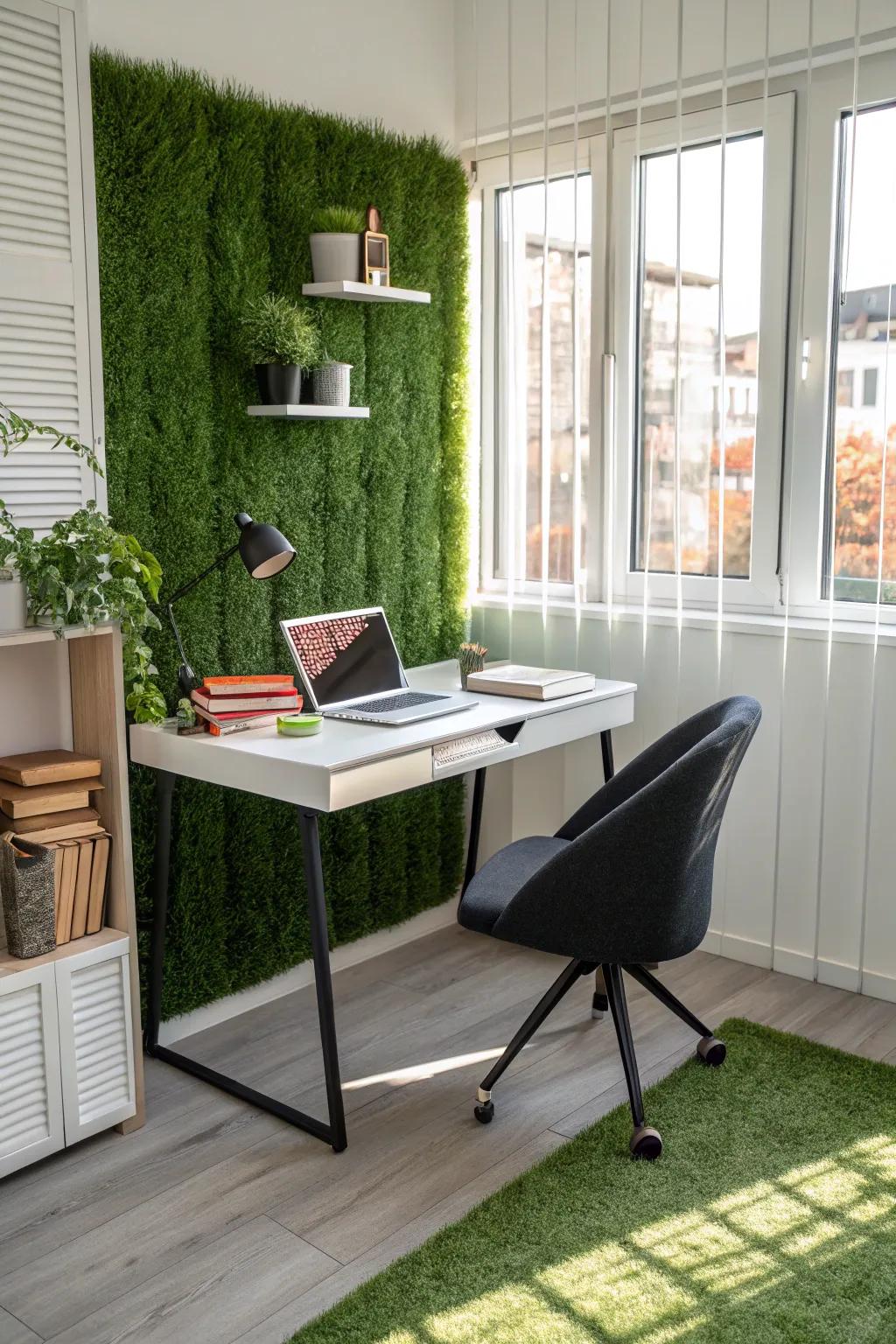 A home office enhanced by an artificial grass wall, promoting focus and tranquility.