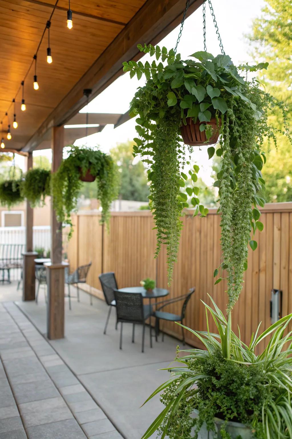 Aerial plants enrich the patio ambiance with a lush flourish.
