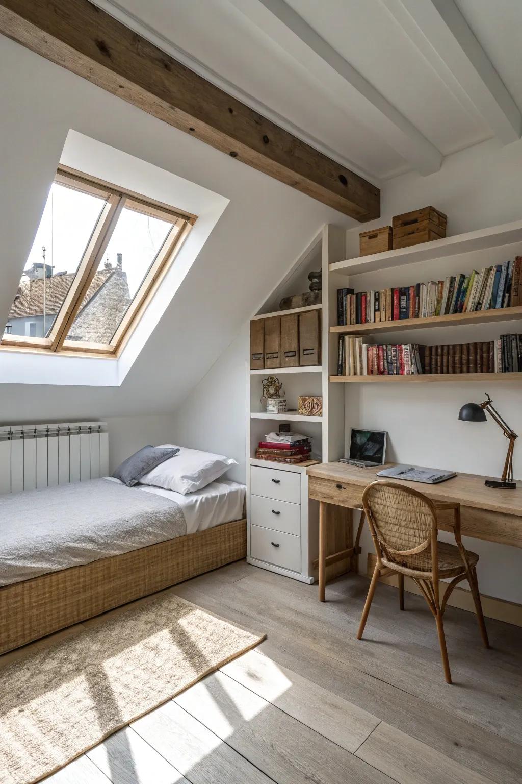 Understated furnishings enhance space and functionality in your attic.