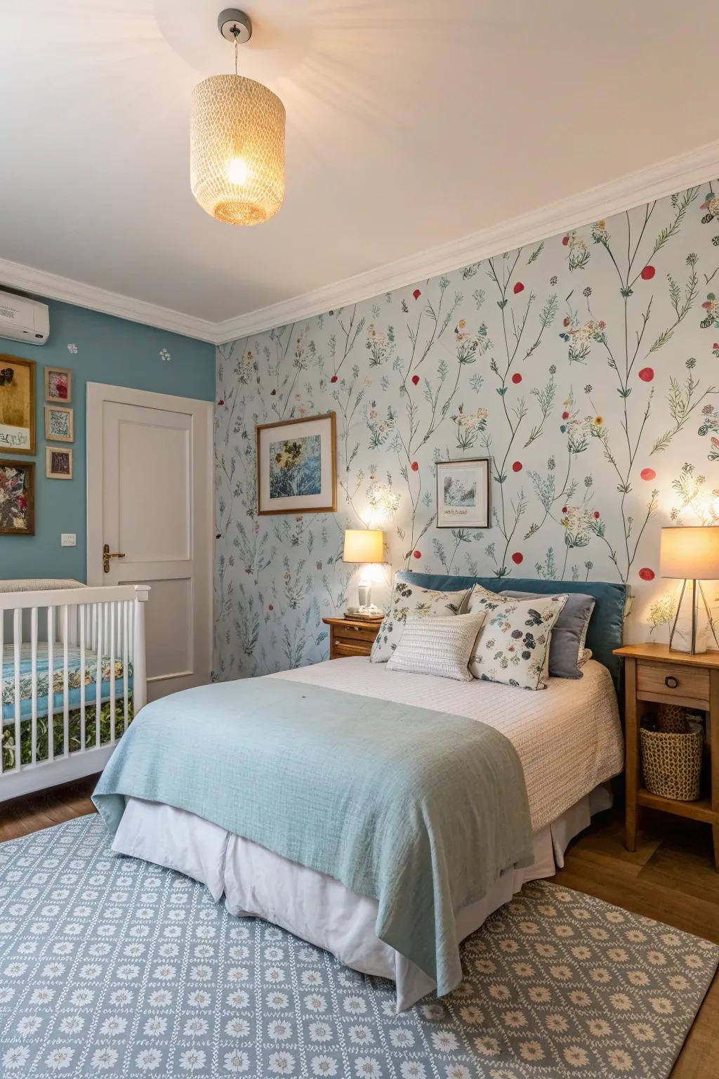 A prominent accent wall contributes individuality to a serene blue bedroom.