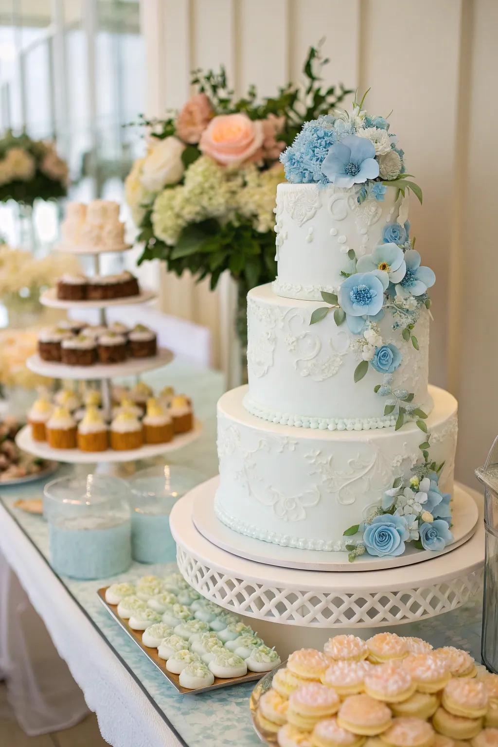 A nuptial cake with sky elements evolves into a scene-stealing focal point.