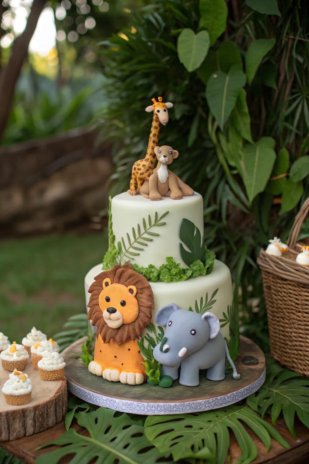 A safari-themed cake with playful animals for a baby boy shower.