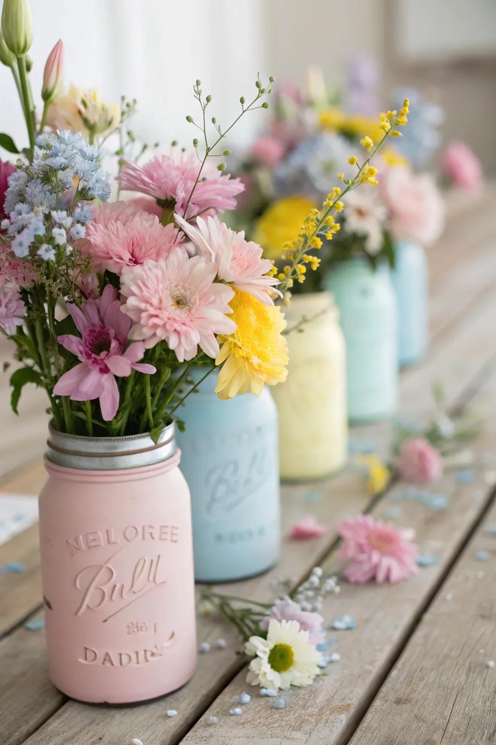 Charming storage jar centerpieces with fresh blooms.
