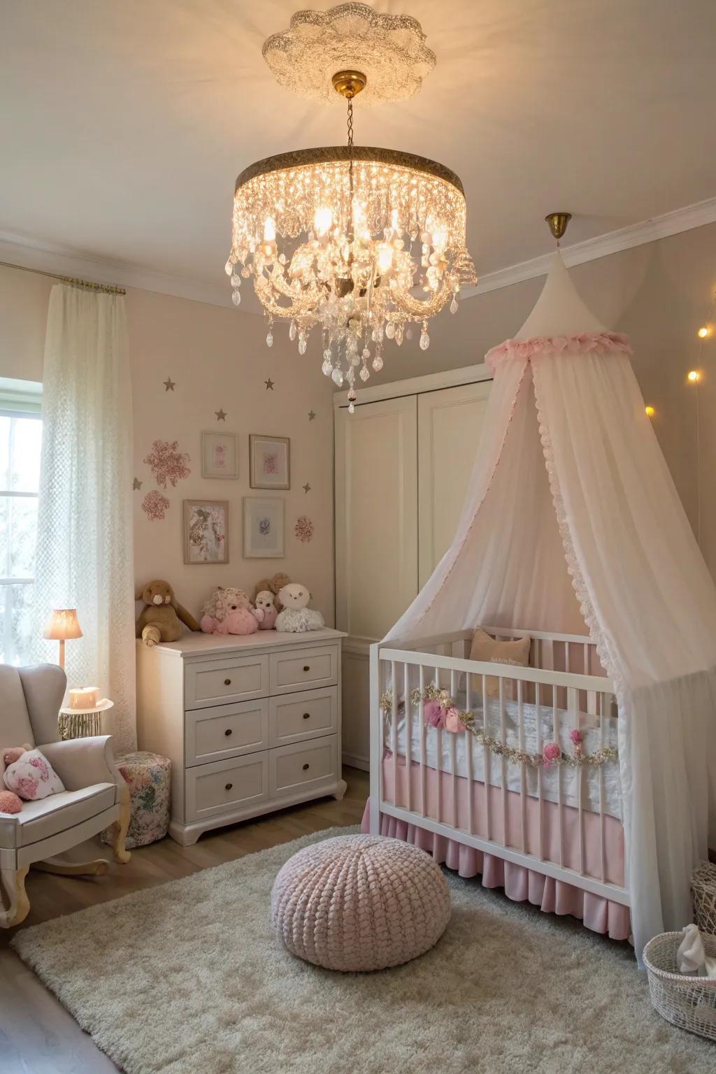 A hanging light adds elegance and coziness to the nursery.