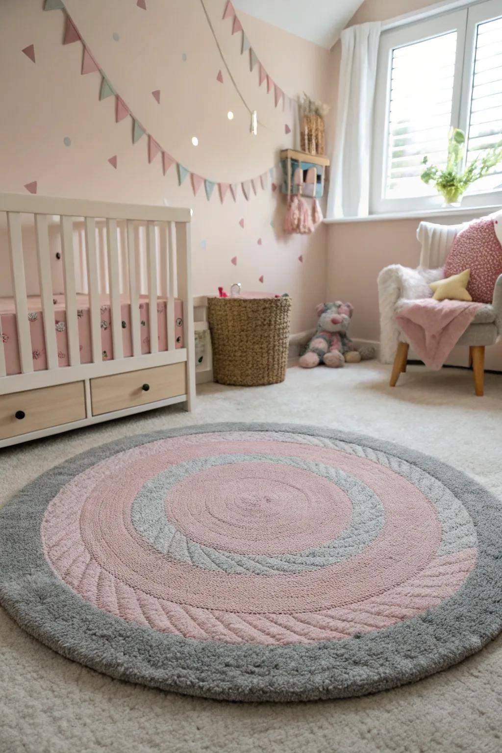 A soft rug in pink and grey adds texture and warmth.