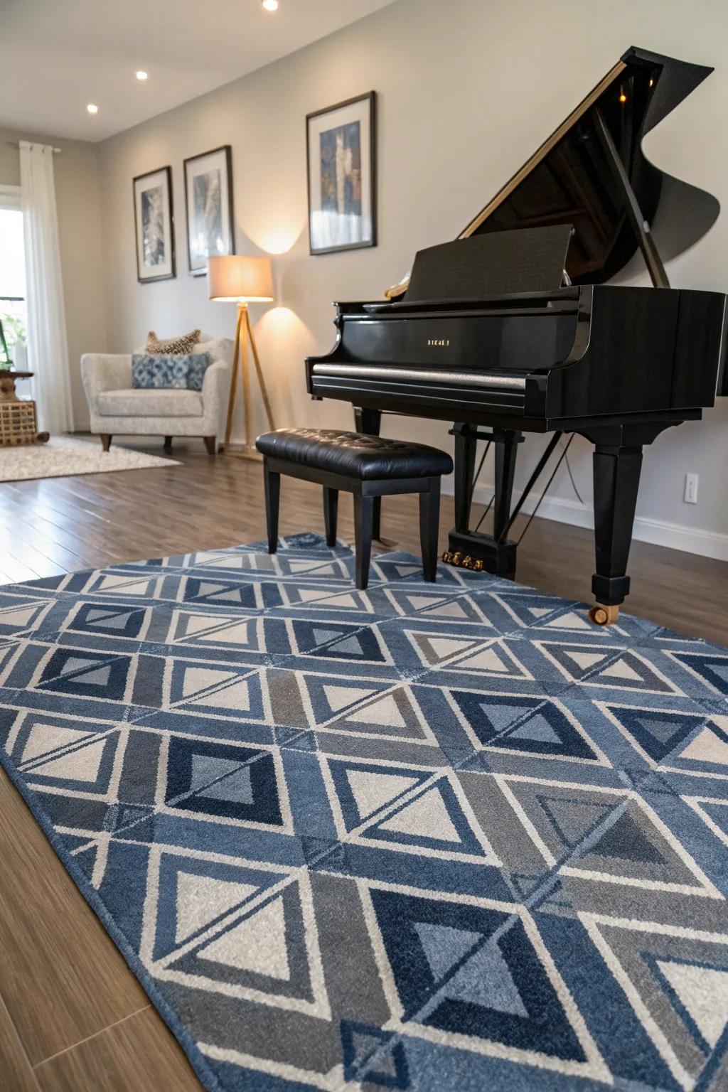 A figured textile introduces texture and delineates the piano space.