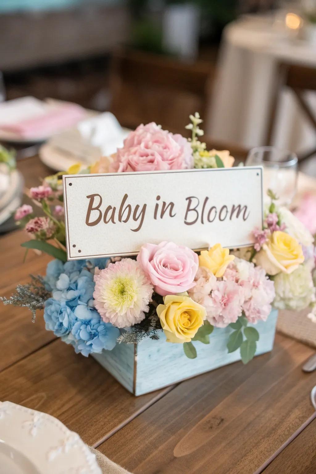 A personalized centerpiece with a sweet bespoke marker