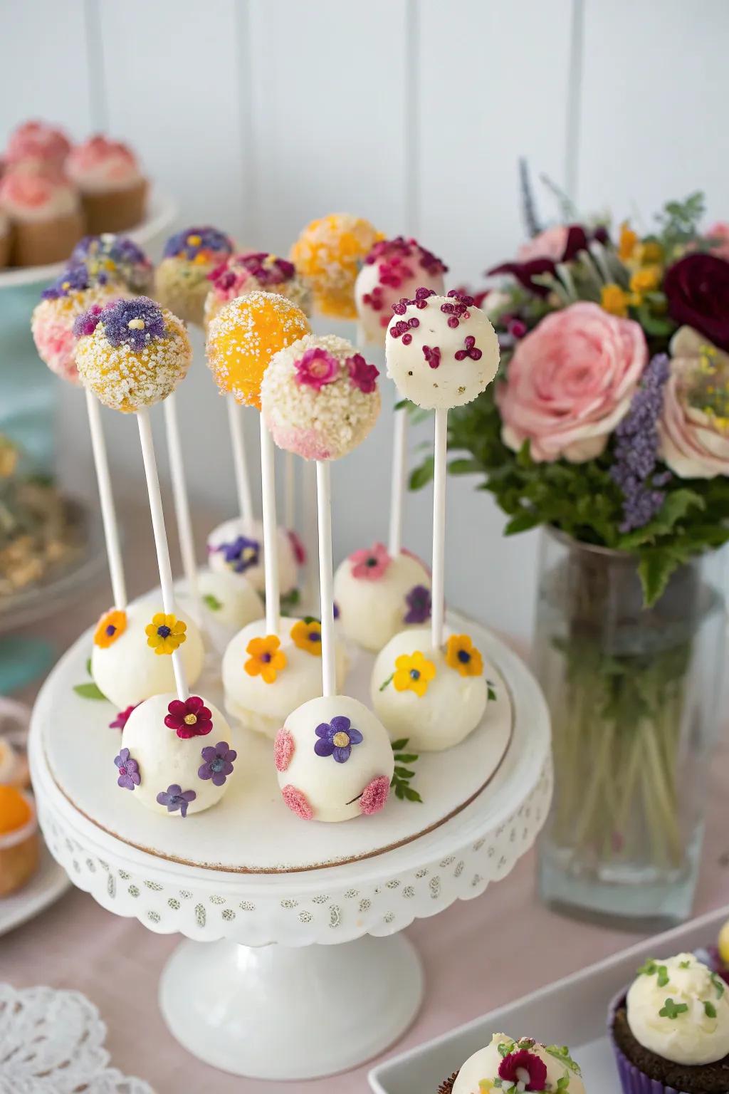 Floral sweet staffs adorned with edible flowers.