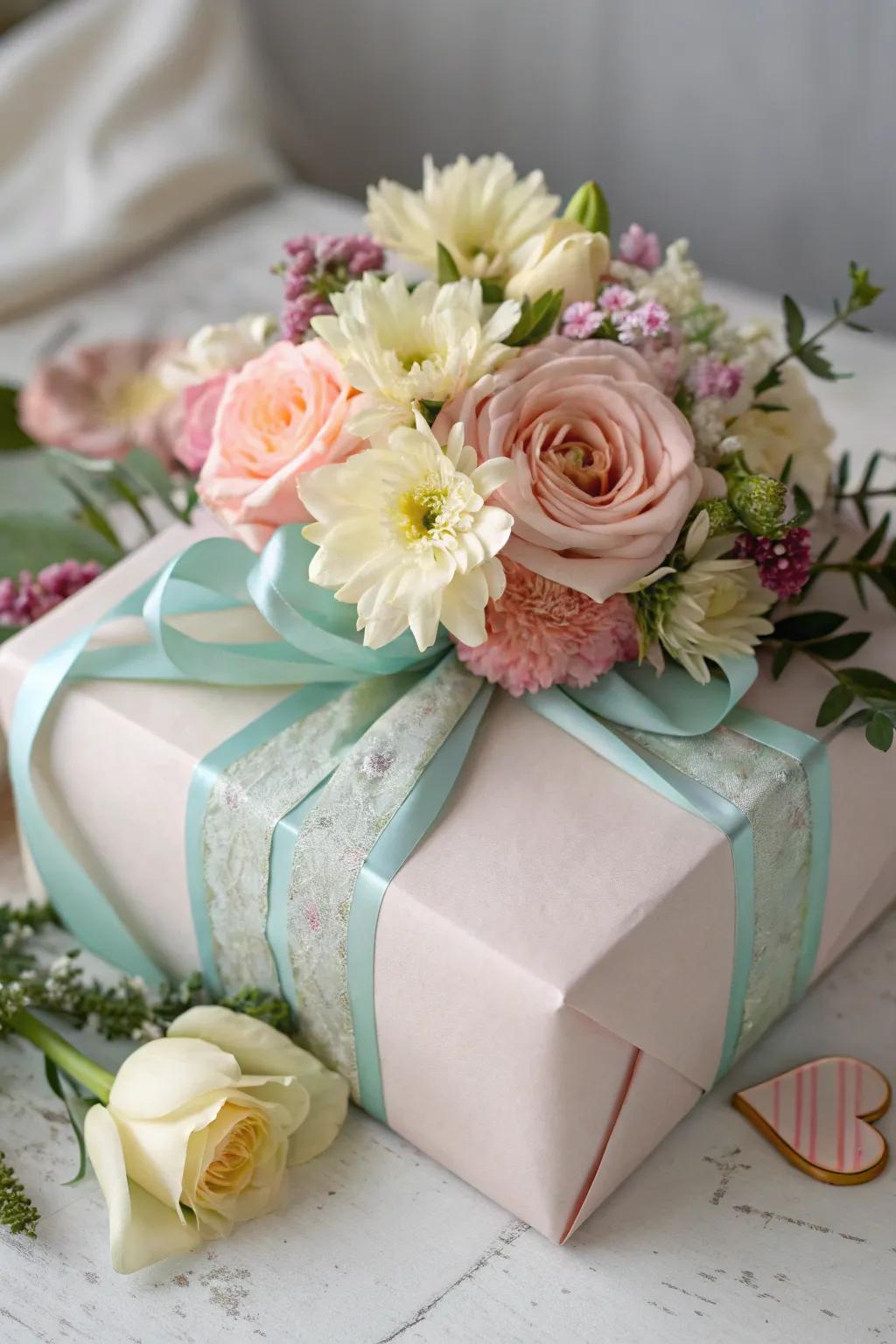 A gift elegantly adorned with a floral topper, perfect for a baby shower.