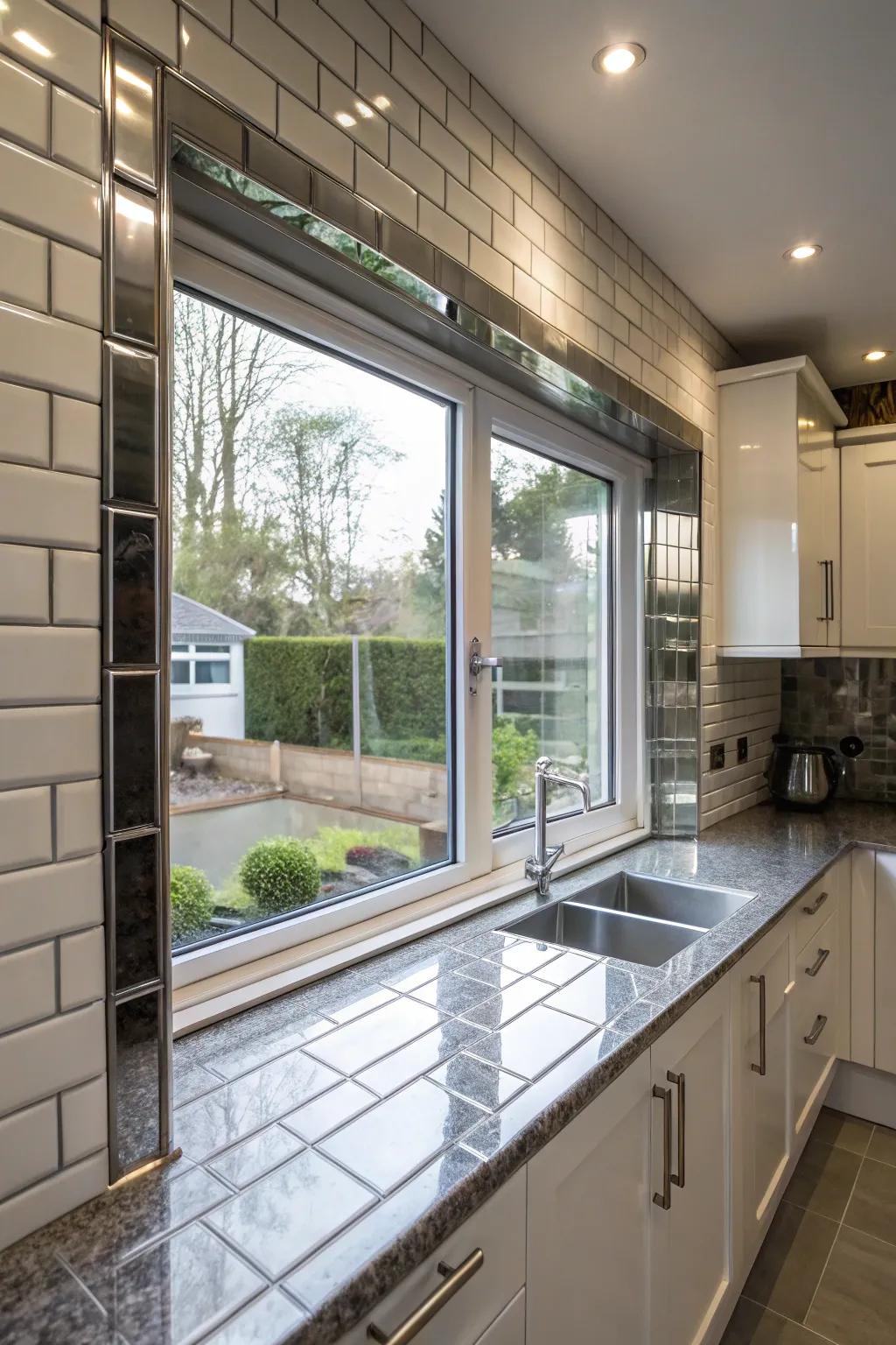 Polished metal tiles framing a kitchen window for a modern aesthetic.