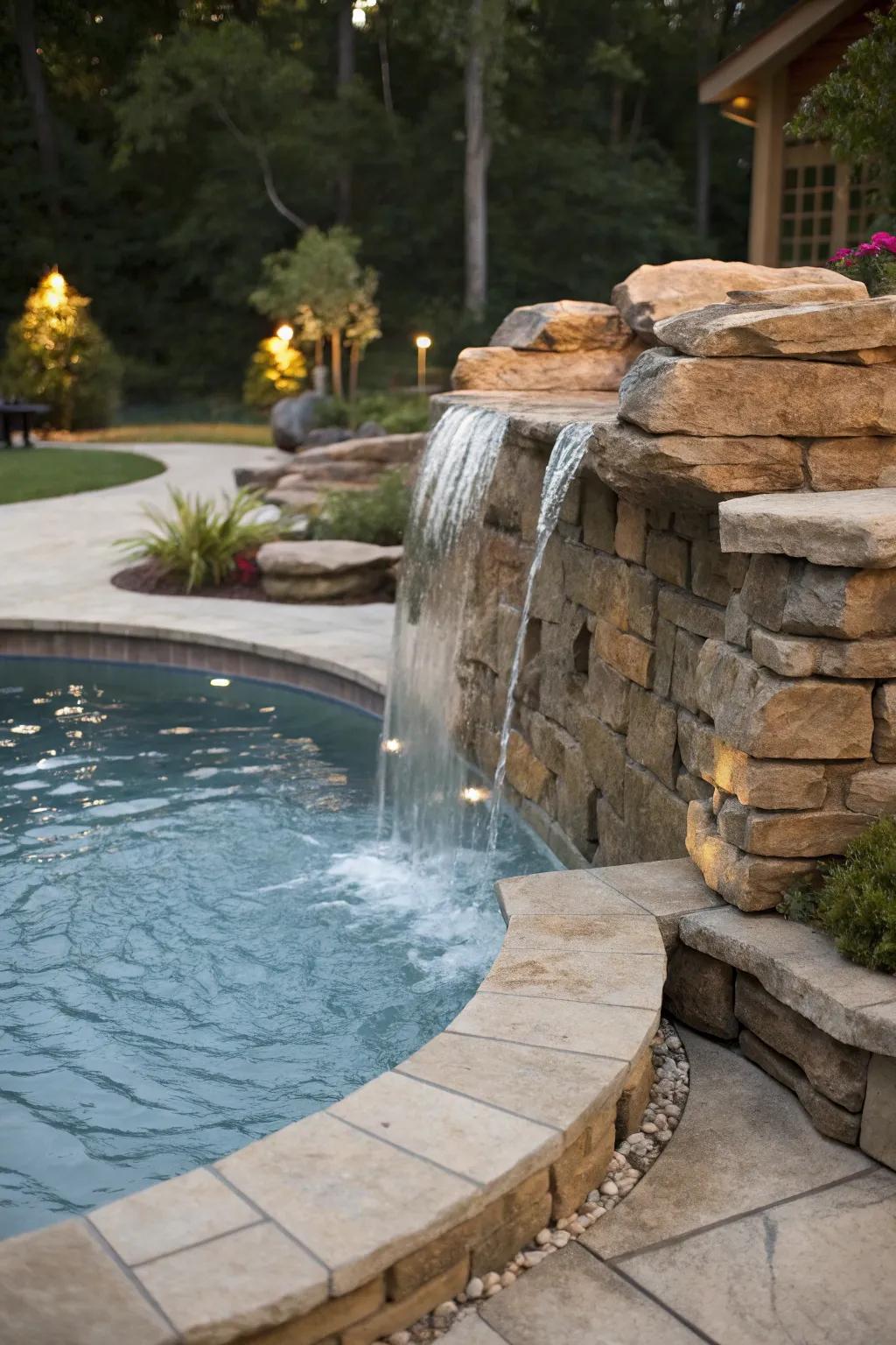 The elegance of your pool area is enhanced by a waterfall feature.
