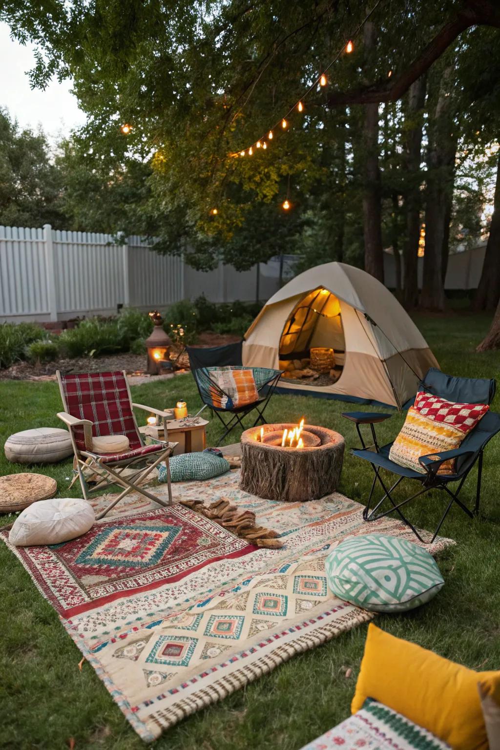 Rugs and pillows contribute lively ornamental details to your campsite.
