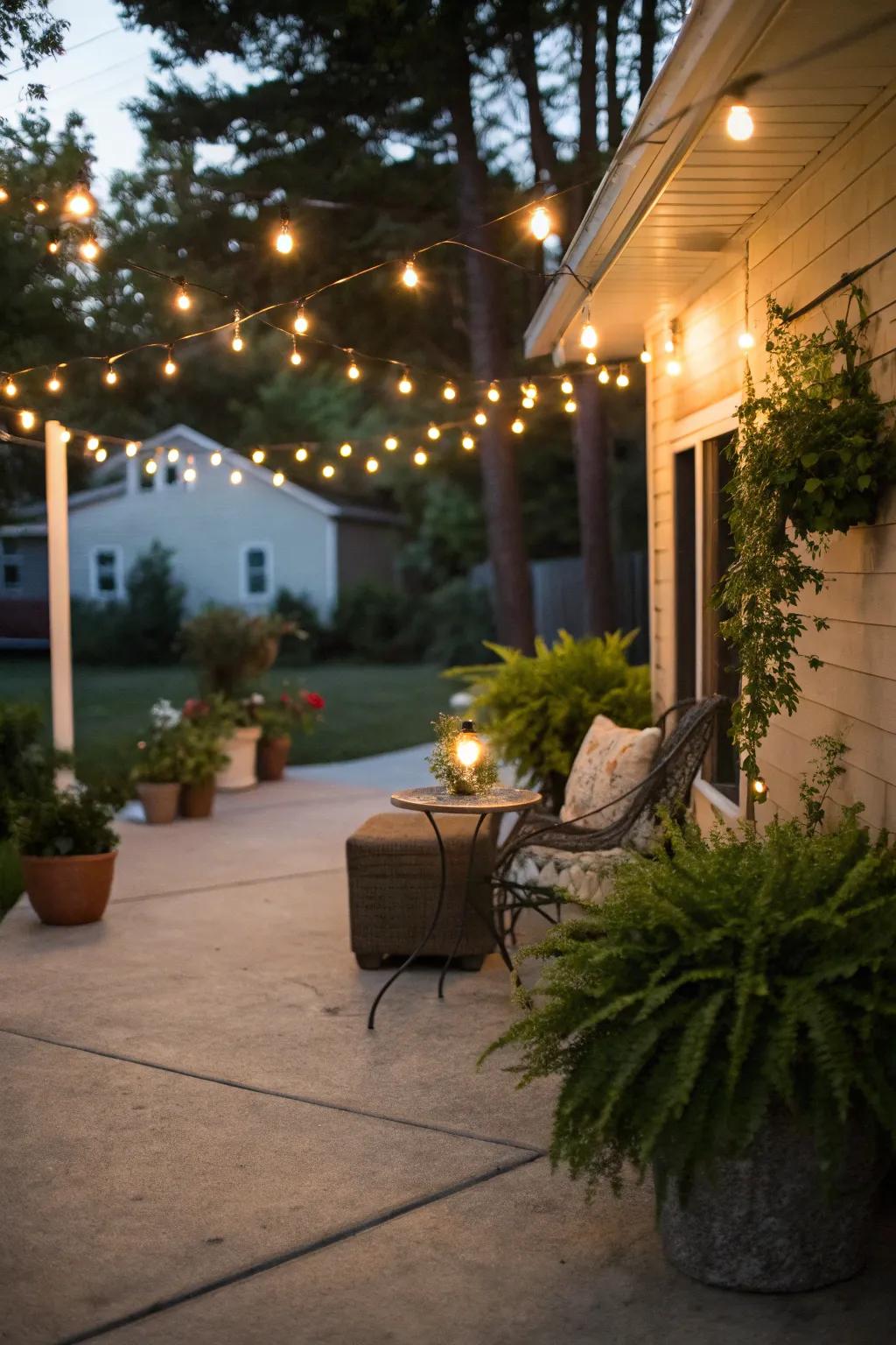 Hanging lights can transform your patio into a charming nighttime retreat.