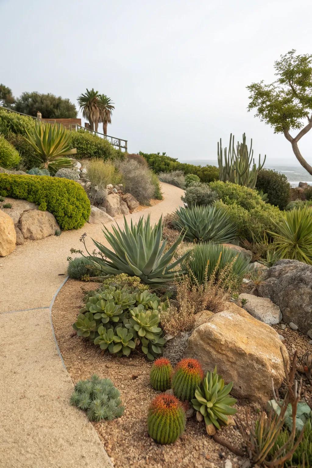 A striking dry garden featuring finely crushed rock, highlighting drought-tolerant beauty.