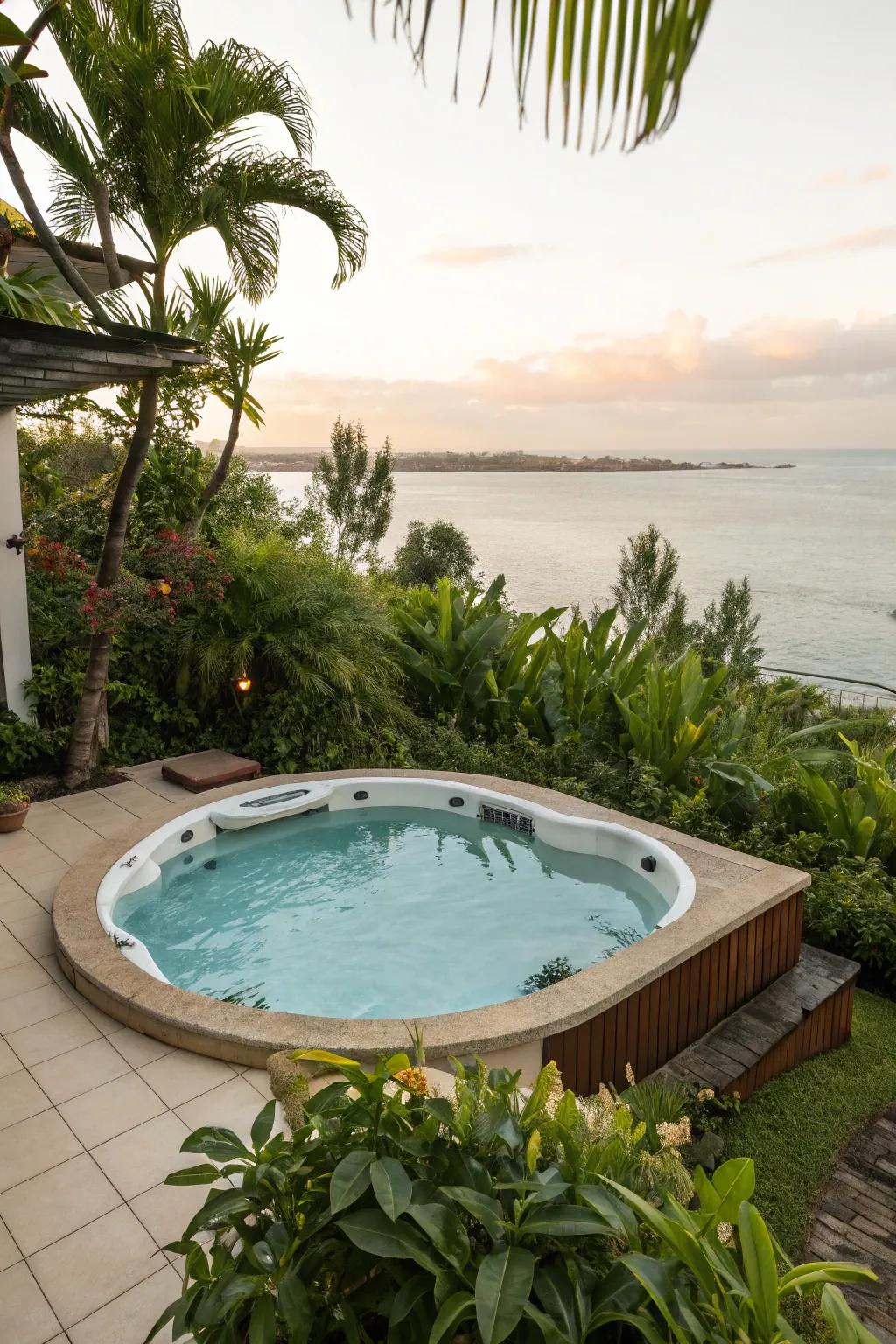 An elevated hot tub introduces elegance and flair to the pool layout.