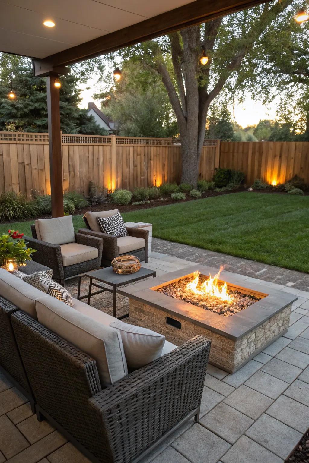 A fire pit creates a warm and inviting focal point in an outdoor space.