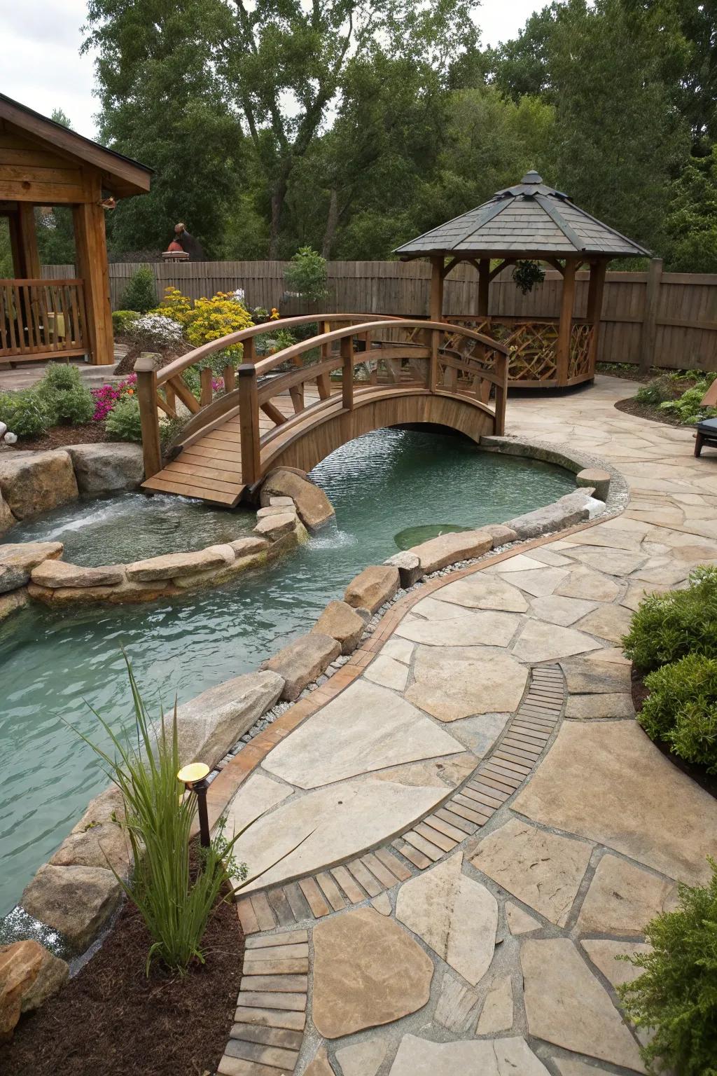 An inviting overpass across a meandering pool, contributing charm and access.
