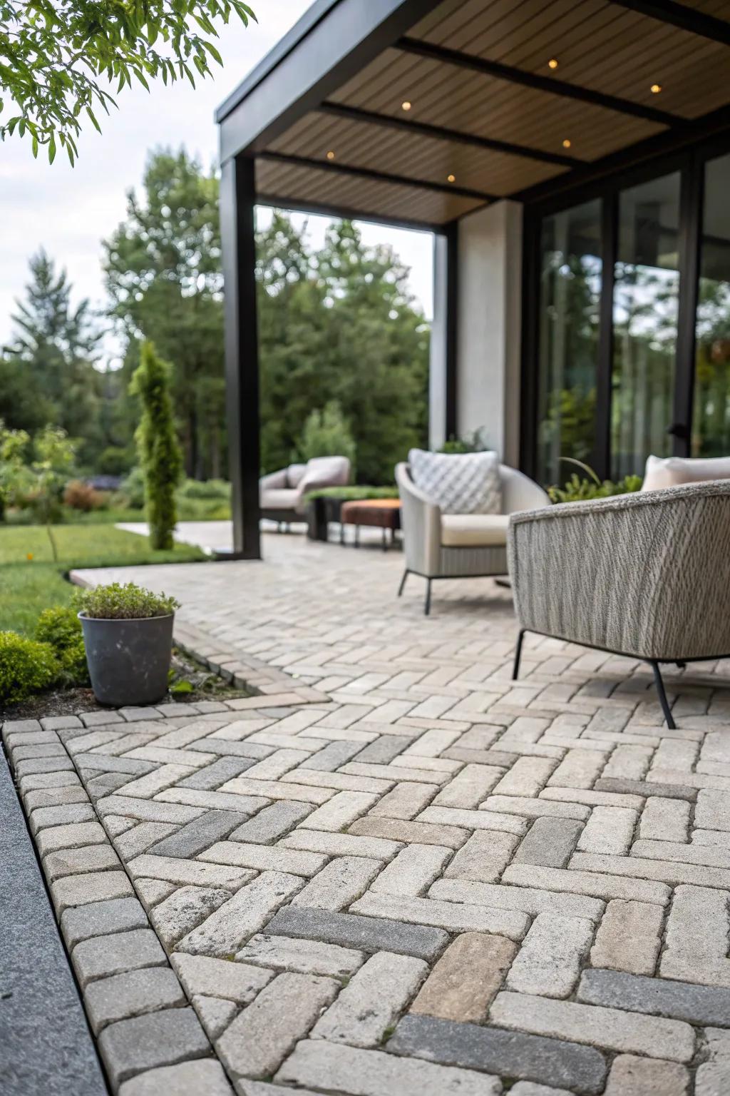 Patterned stone designs add dimension and interest to any patio.