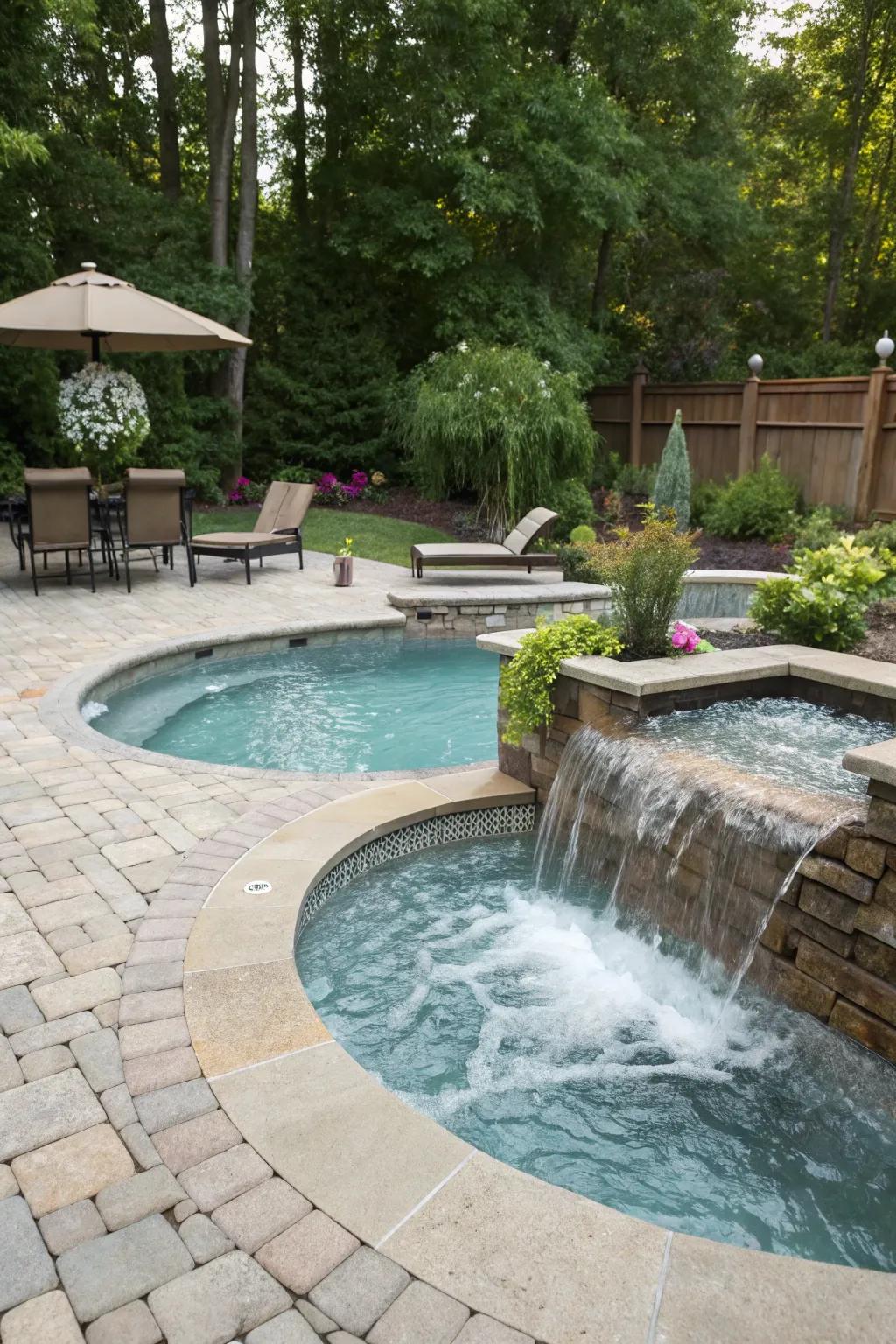 A spa overflow cascade artfully harmonizes differing water features.