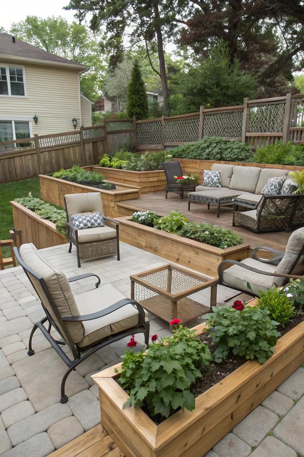 Tiered scenery enhances dimension and appeal to patio areas.