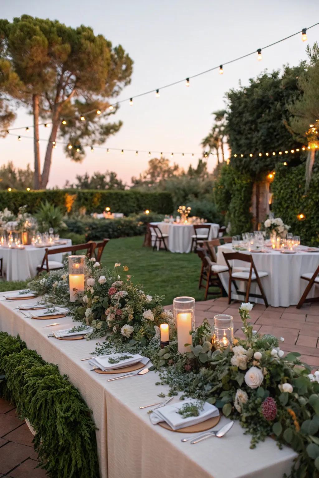 Sophisticated event tables arranged with plants and lights create a tranquil setting.