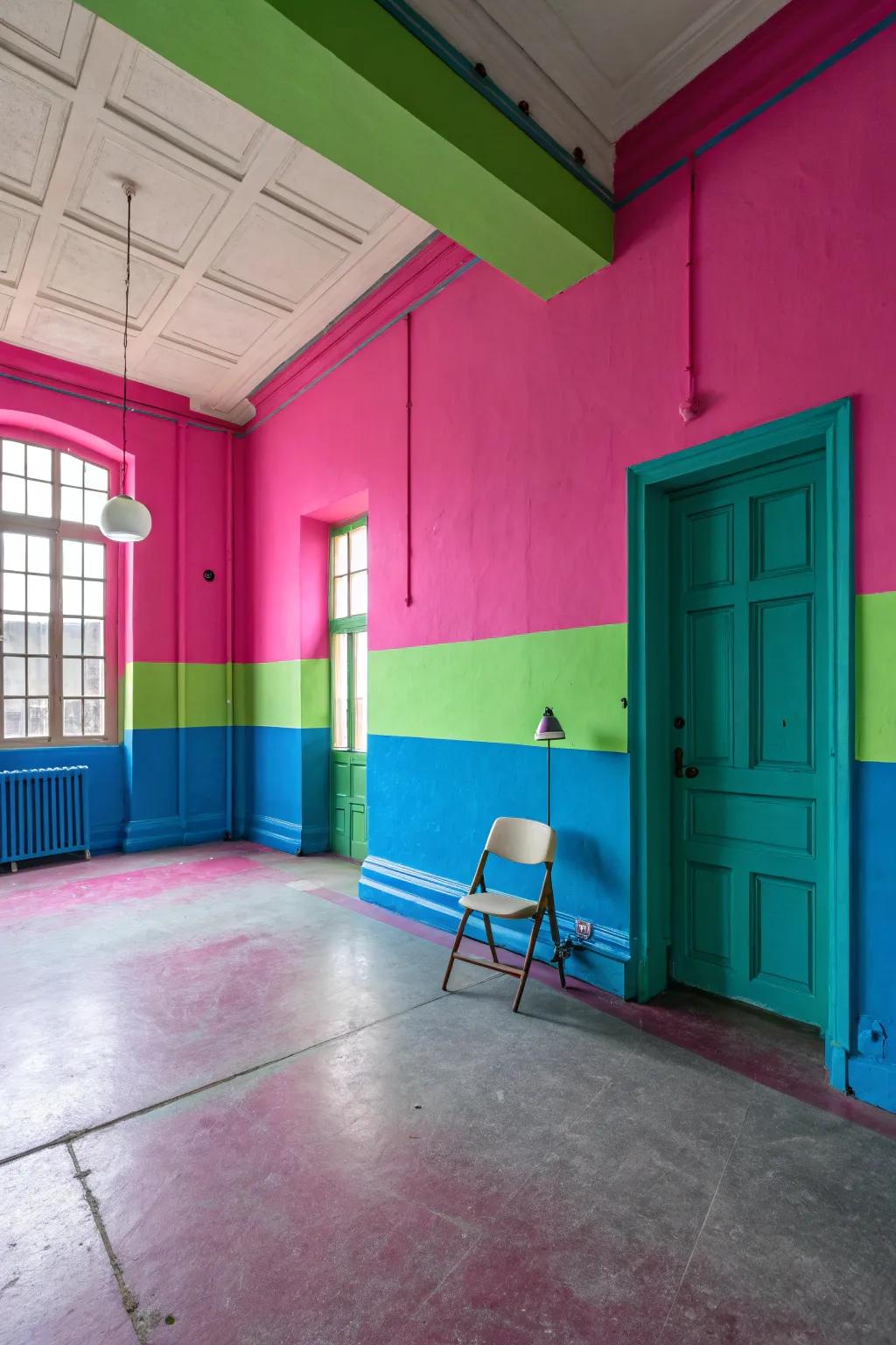 A room showcasing a jarring and loud neon color scheme.