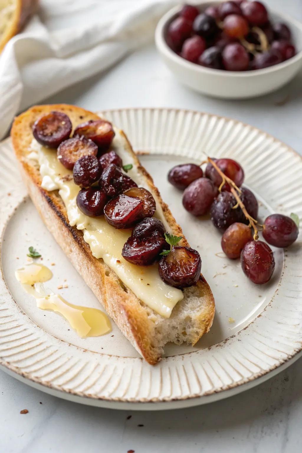 A delightful blend of broiled seedless fruits and Smooth cheese on a baguette.