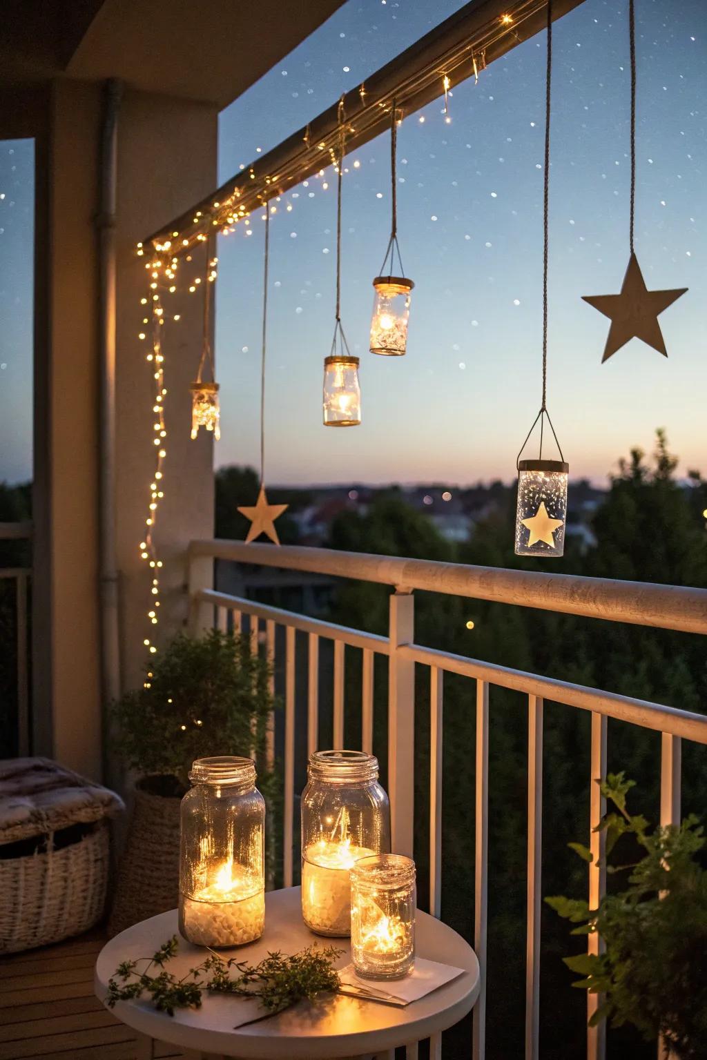 Delicate jar lights bring a magical and fanciful sensation to any balcony.