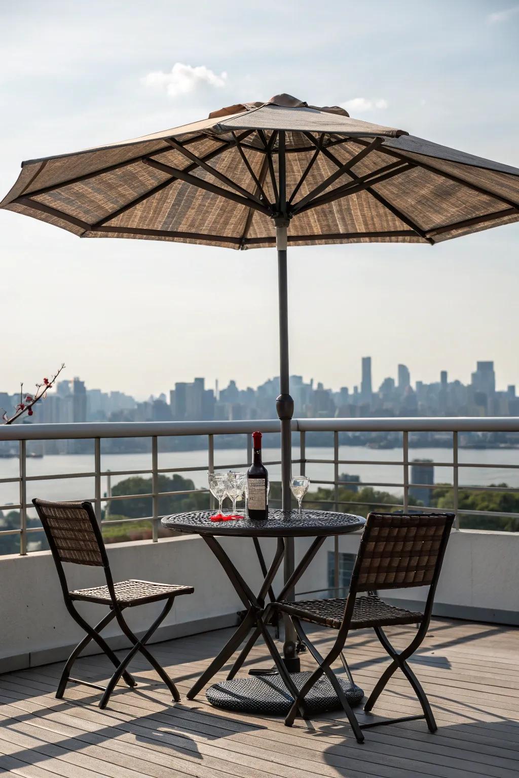 A large umbrella casting shade above a balcony dining arrangement.
