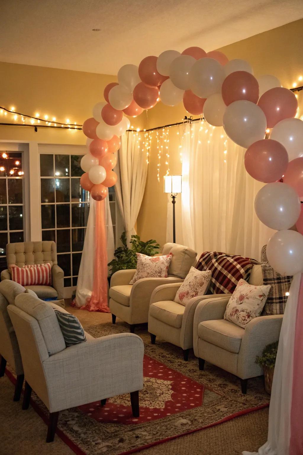 A cozy balloon seating area perfect for memorable photos.