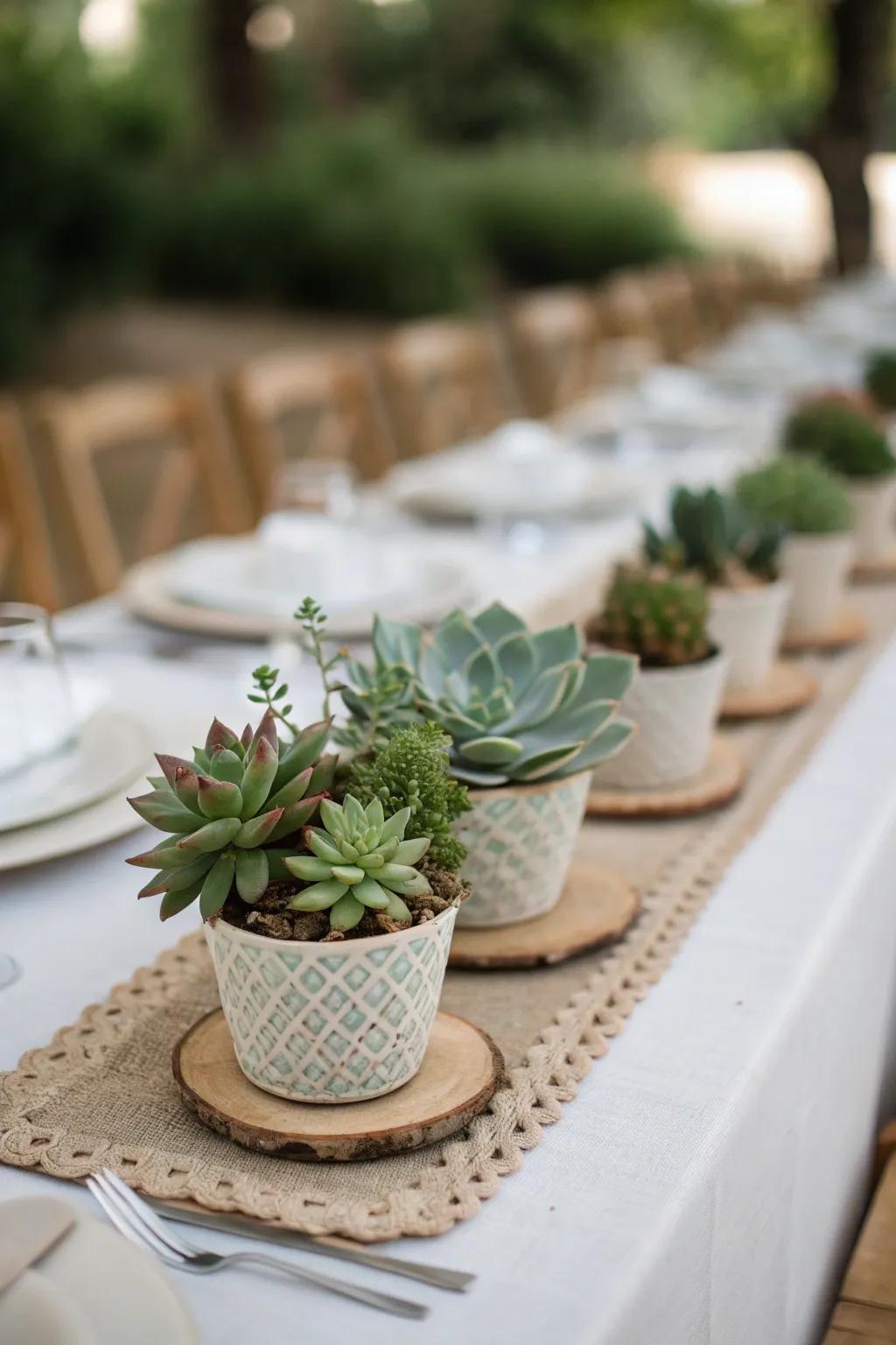 Succulents arrayed for a neat, modern centerpiece.