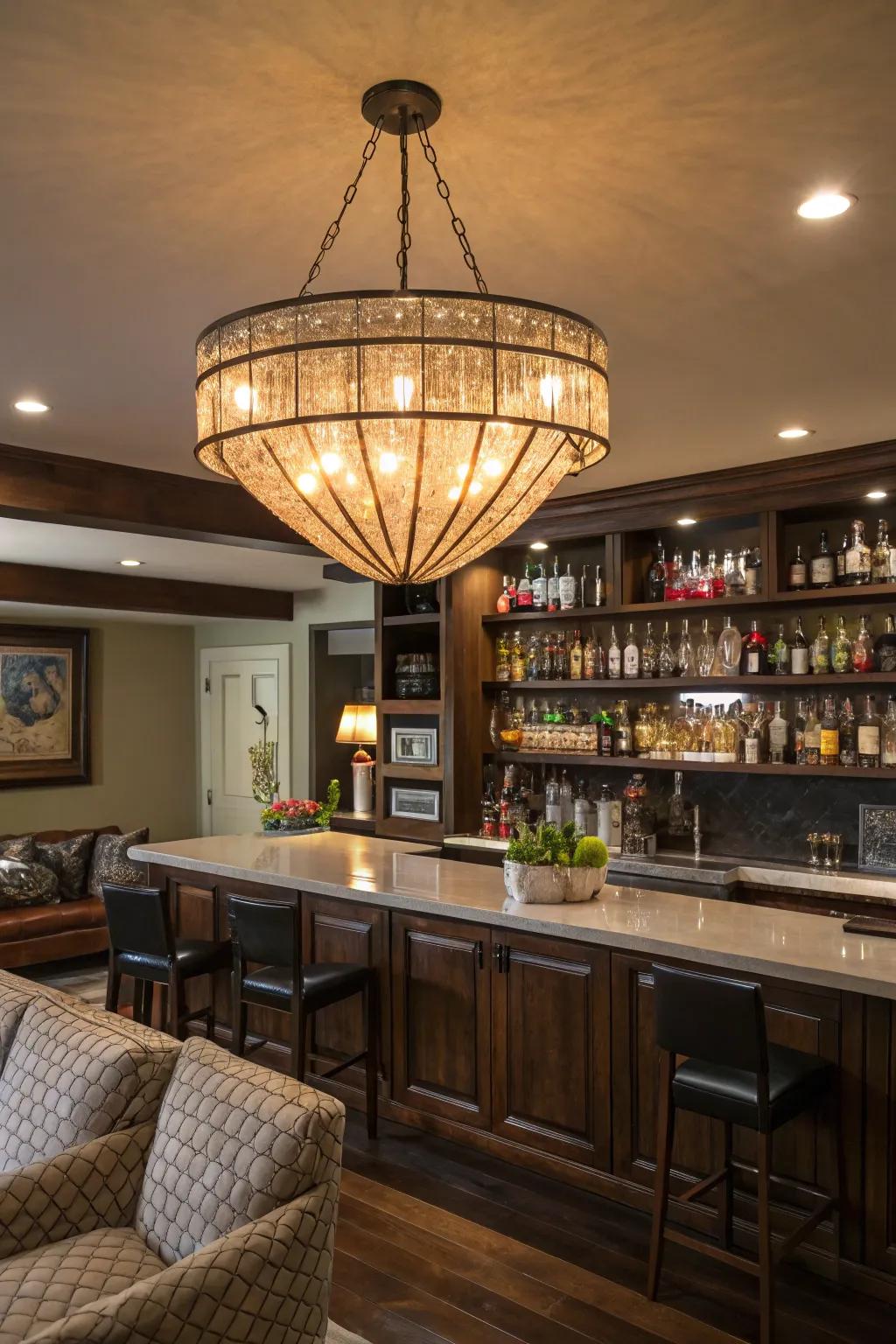 An elegant cascade light acts as an exquisite focal point in the bar.