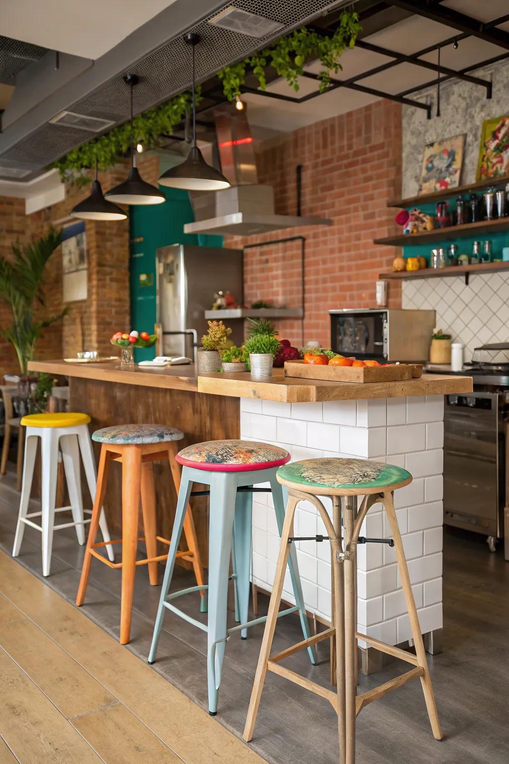 An eclectic mix of bar stools adds character.