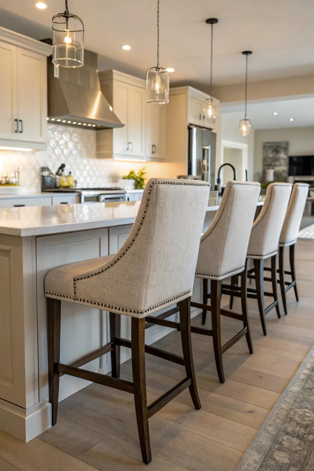 Bar stools in subtle hues for a harmonious kitchen.