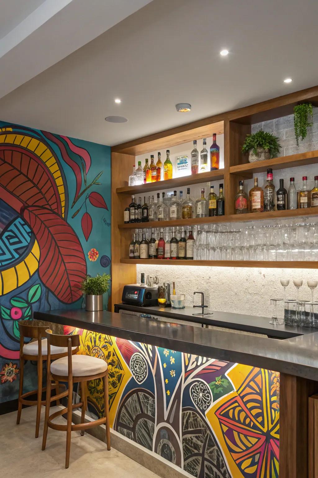A painted backdrop adds creative flair and personal character to your bar.
