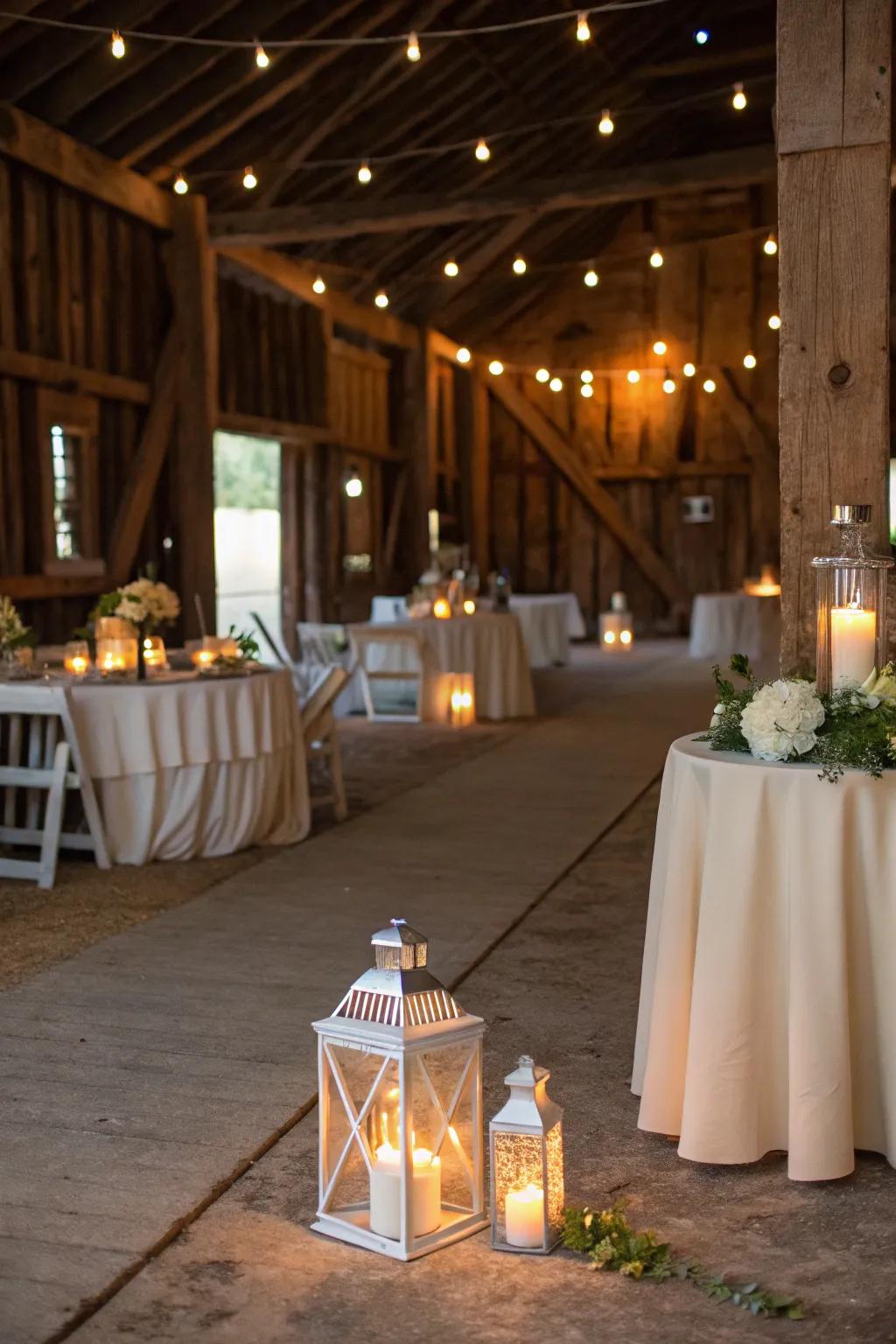 Lanterns and candles enrich the comfortable feel of barn settings.