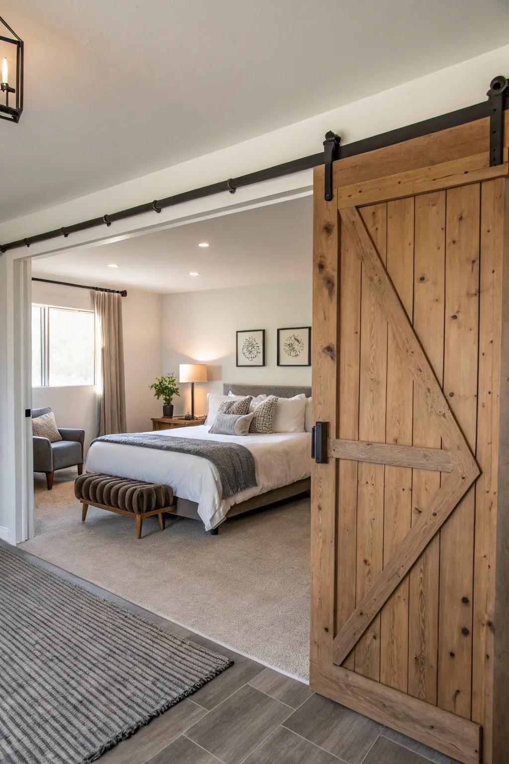 A barn door serves as a stylish room divider in this open-plan bedroom.