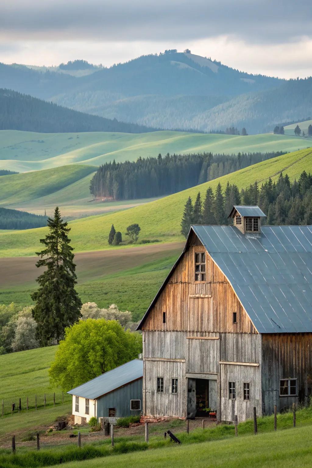 A barn displays an innovative harmony of mixed materials in its siding.